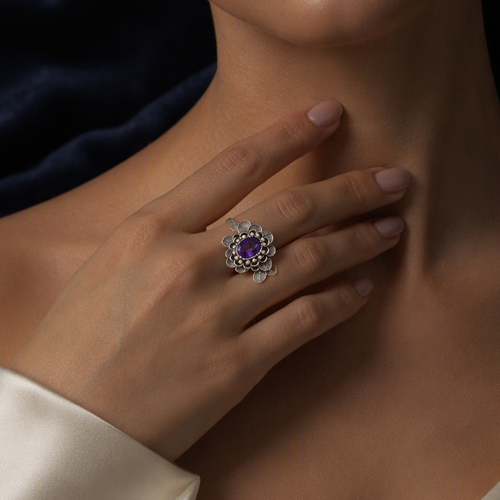 Amethyst Flower Halo Ring