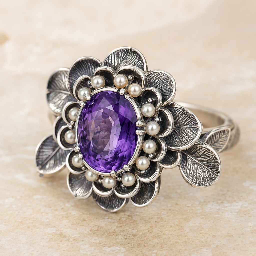 Amethyst Flower Halo Ring