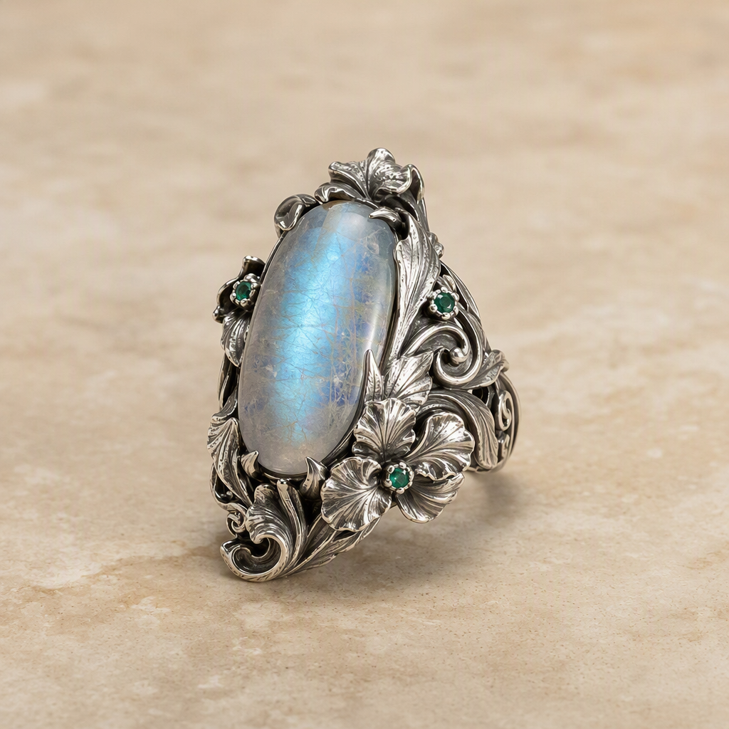 Moonstone Iris Flower Ring