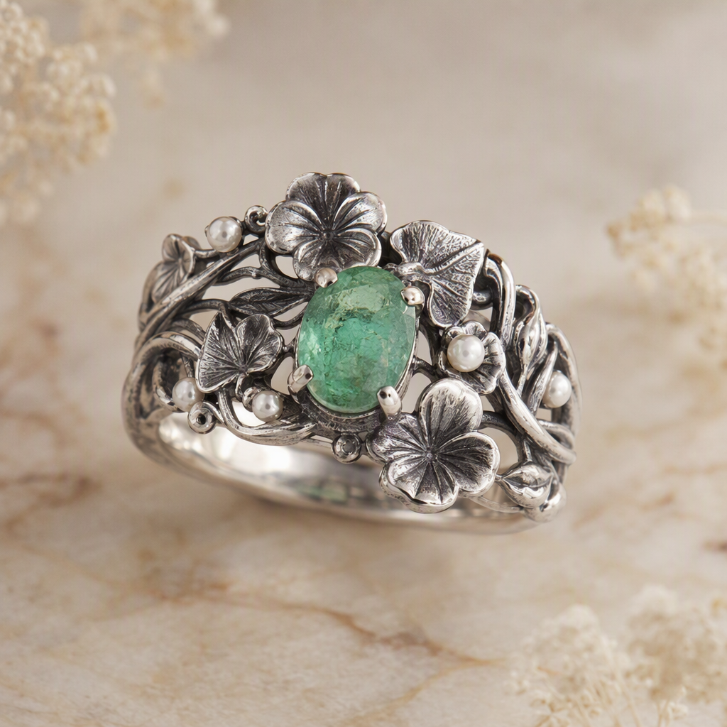 Emerald Floral Vine Ring