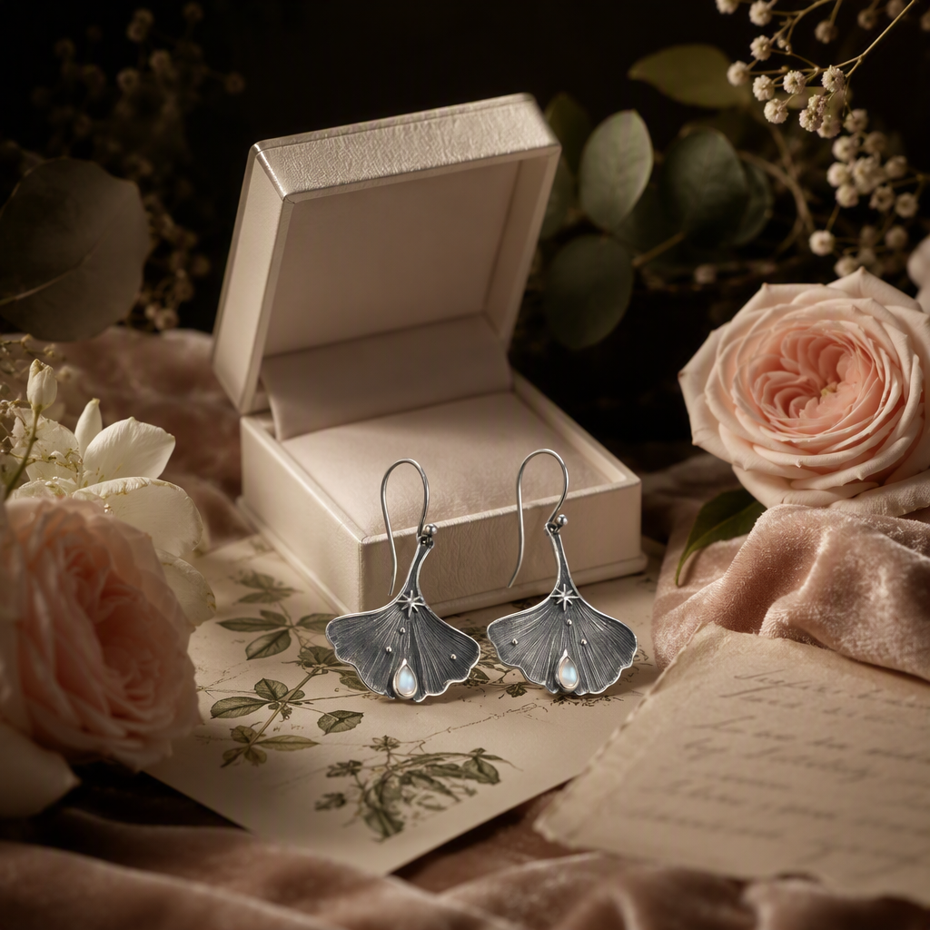 Ginkgo Leaf Moonstone Earrings