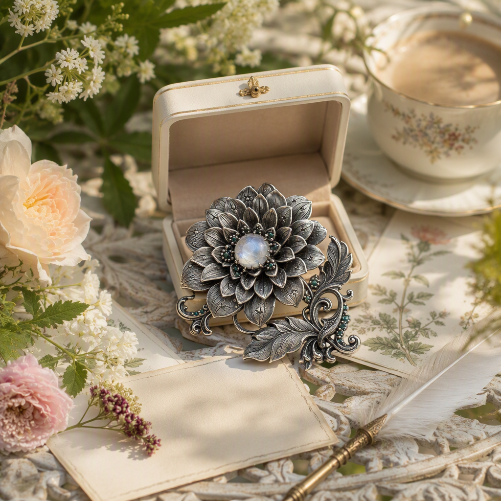 Moonstone Dahlia Flower Brooch