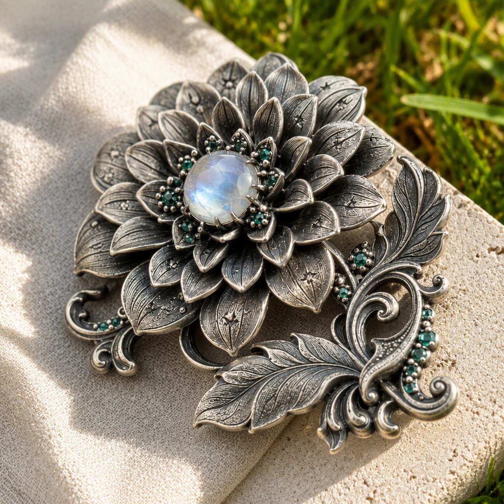 Moonstone Dahlia Flower Brooch