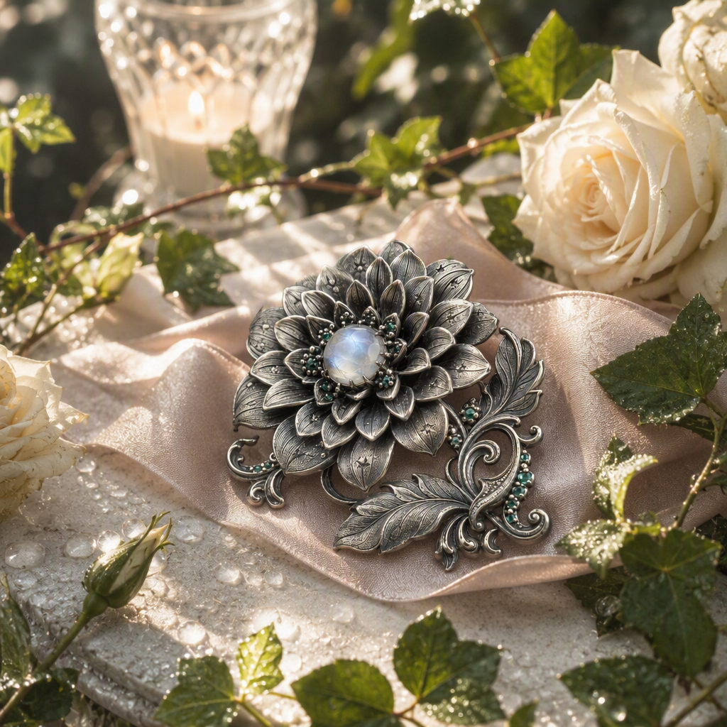 Moonstone Dahlia Flower Brooch