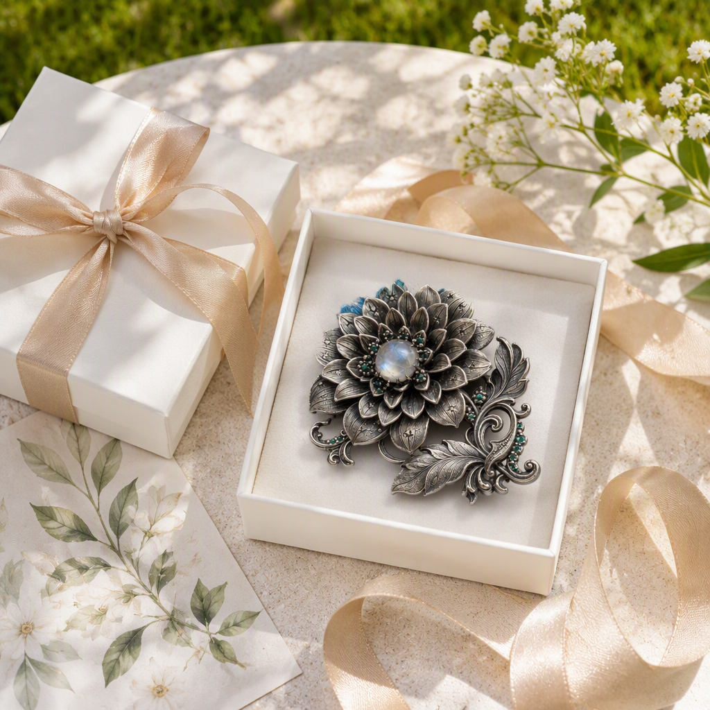 Moonstone Dahlia Flower Brooch