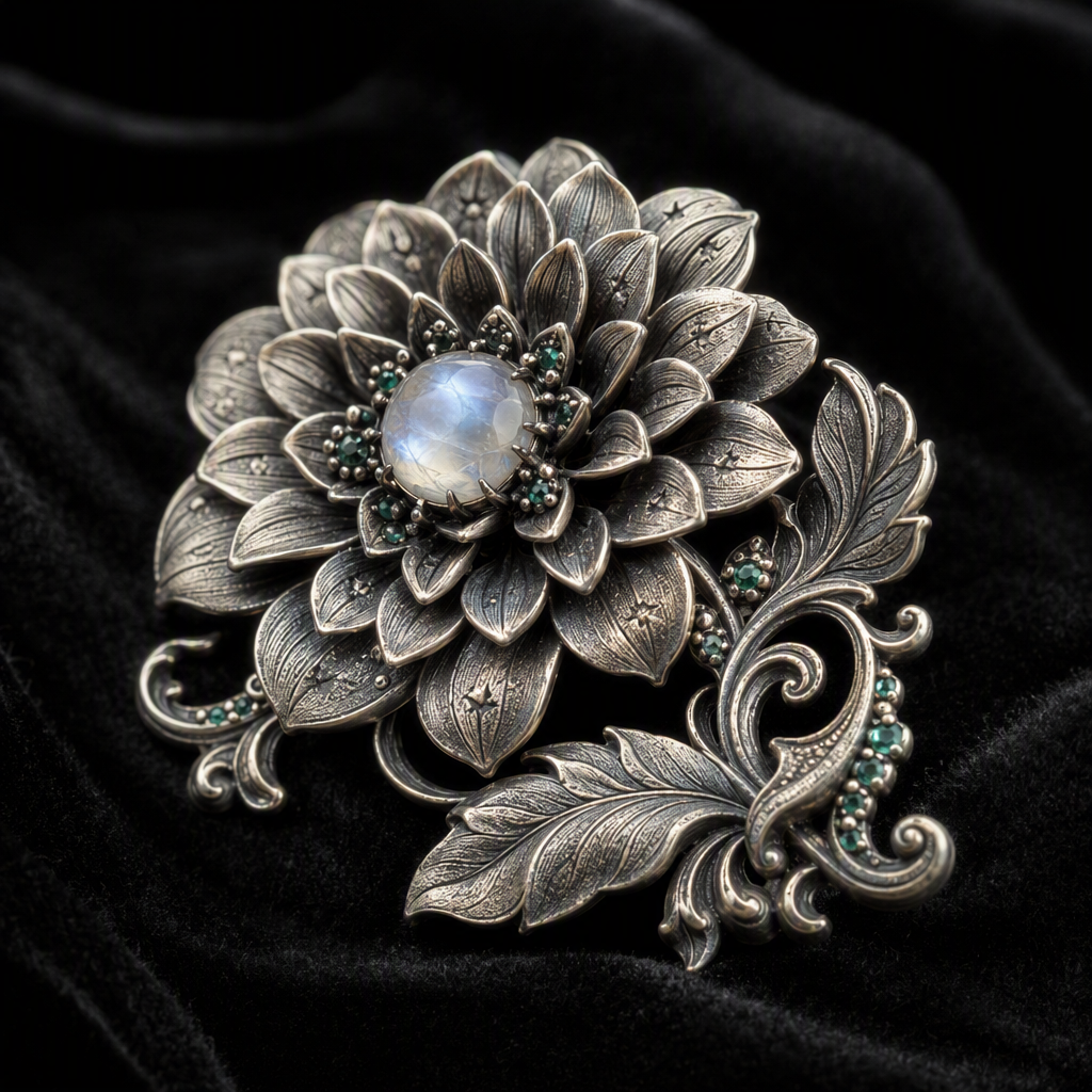Moonstone Dahlia Flower Brooch