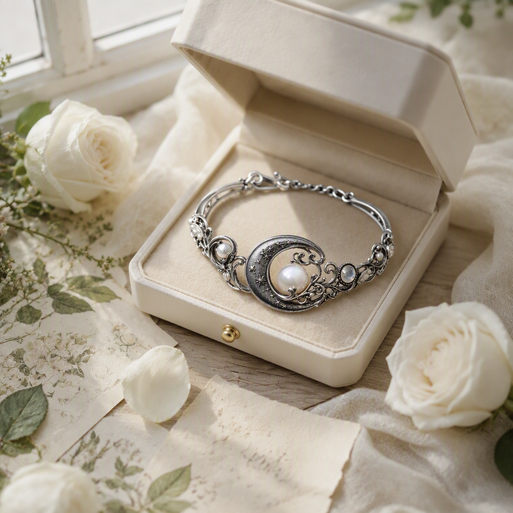 Moonstone Pearl Crescent Moon Bracelet