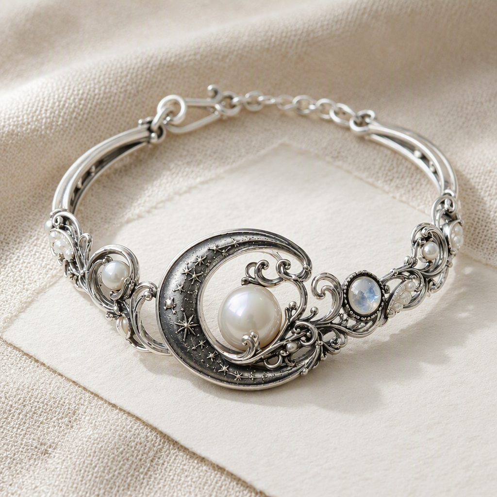 Moonstone Pearl Crescent Moon Bracelet