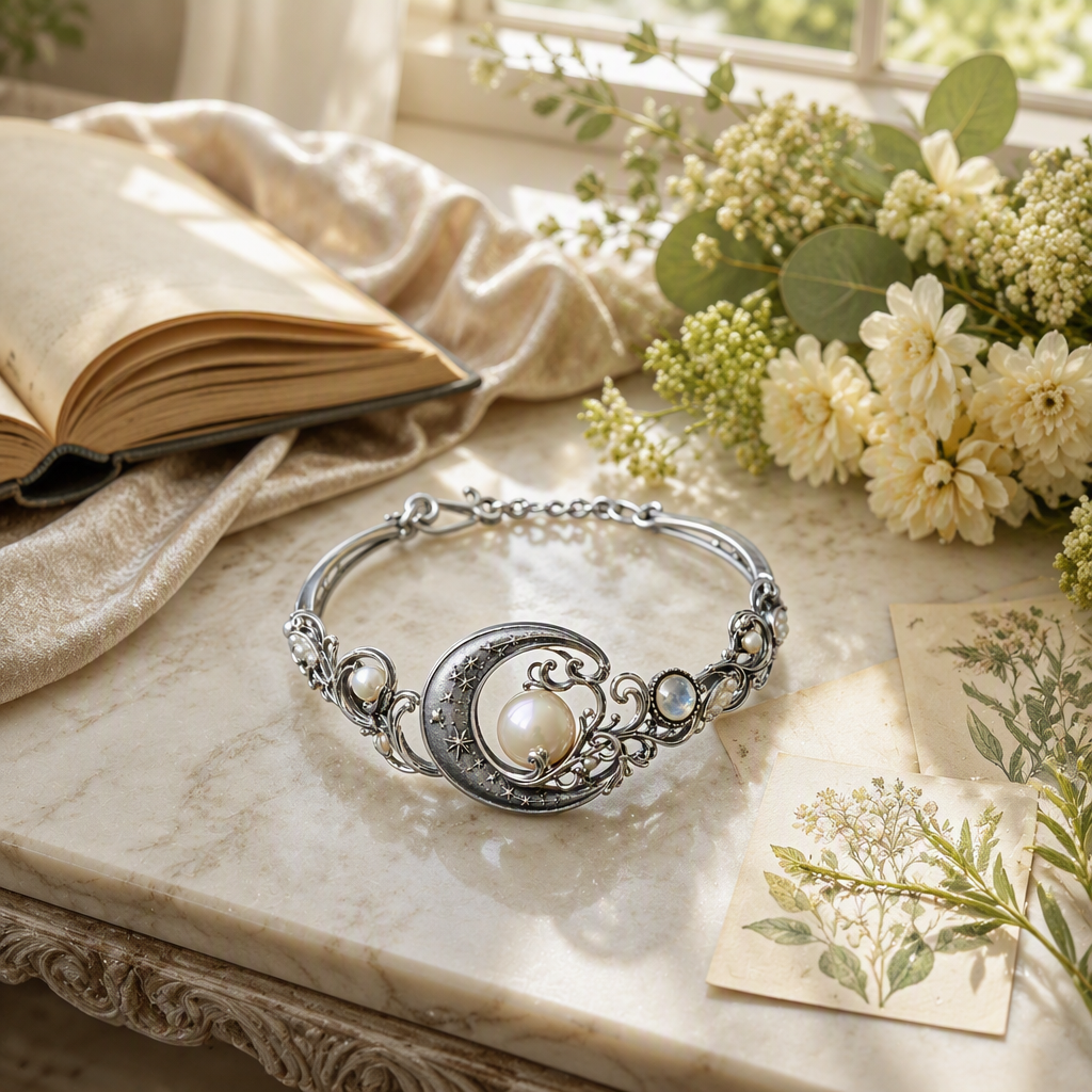 Moonstone Pearl Crescent Moon Bracelet