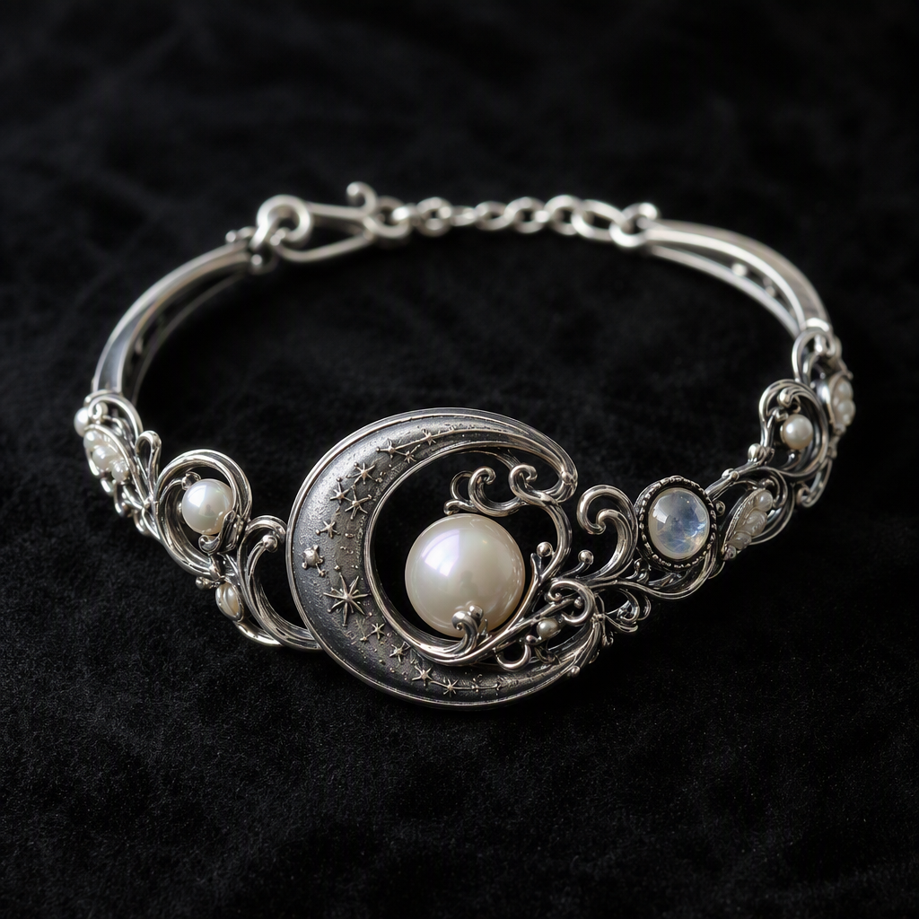 Moonstone Pearl Crescent Moon Bracelet